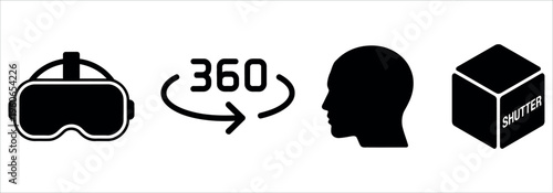 Flat design icons representing virtual reality technology, 360-degree video, and gaming. Ideal for tech marketing, app development, and digital entertainment content.