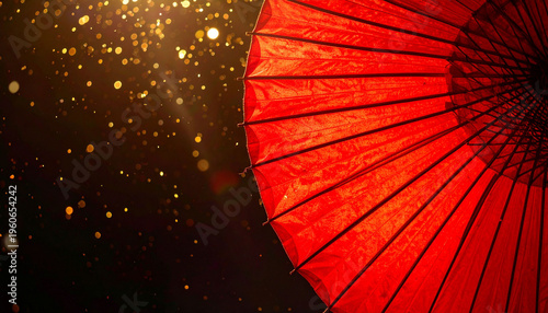 和傘のアップと金粉が舞う幻想的な夜の風景 和風の背景素材 文字入れ用のコピースペース