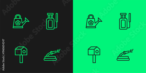Set line Garden hose, Bird house, Watering can and sprayer for water icon. Vector