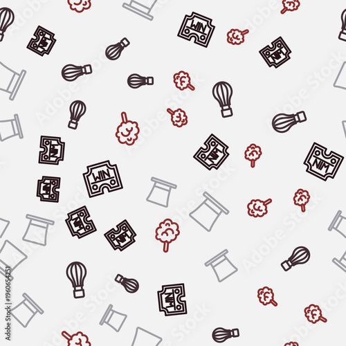 Set line Casino win, Hot air balloon, Cylinder hat and Cotton candy on seamless pattern. Vector