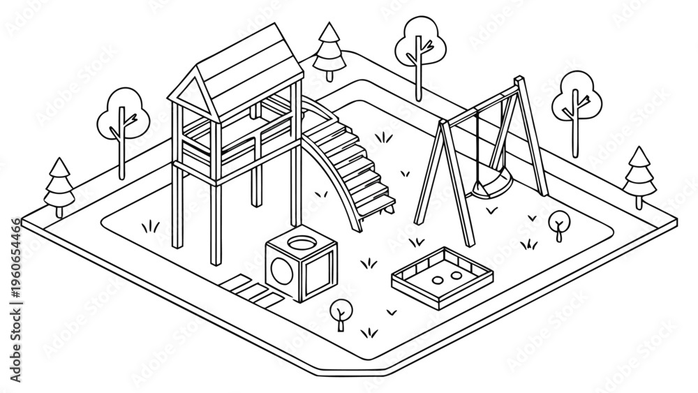 Fototapeta premium Isometric Playground Line Art Park Equipment Vector Illustration