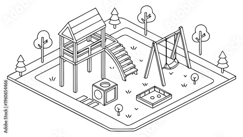 Isometric Playground Line Art Park Equipment Vector Illustration