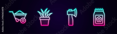 Set line Wheelbarrow, Plant in pot, Wooden axe and Pack full of seeds. Glowing neon icon. Vector