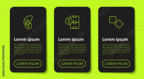 Set line Hand holding casino chips, Football betting money and Game dice. Business infographic template. Vector