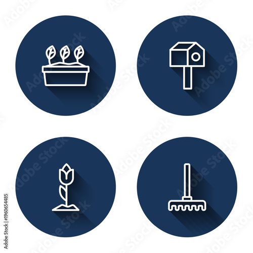 Set line Plant in pot, Bird house, Flower tulip and Garden rake with long shadow. Blue circle button. Vector