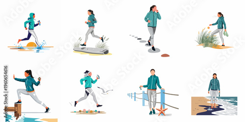 Flat vector illustration set of a sporty woman running and exercising in various coastal and beach settings, showcasing a healthy active lifestyle.
