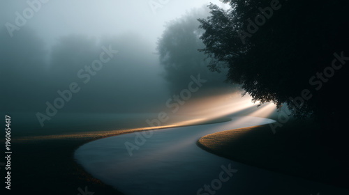 Curved empty path disappearing into dense fog, warm golden light beam breaking through mist near dark silhouette tree, symbolic hope direction journey concept, moody tranquil dawn atmosphere.