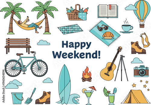 Happy Weekend illustration featuring leisure and outdoor activities, perfect for vacation and relaxation themes