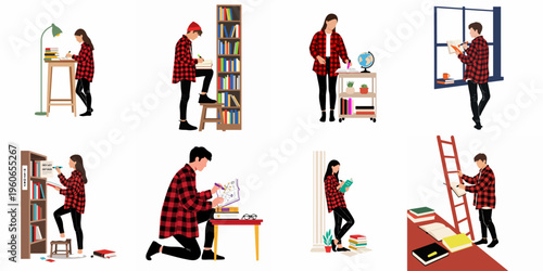 Collection of flat vector illustrations of students in red flannel shirts studying, reading, and taking notes in various library and home settings.