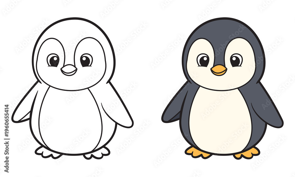 Fototapeta premium penguin illustration with colored and outlined versions