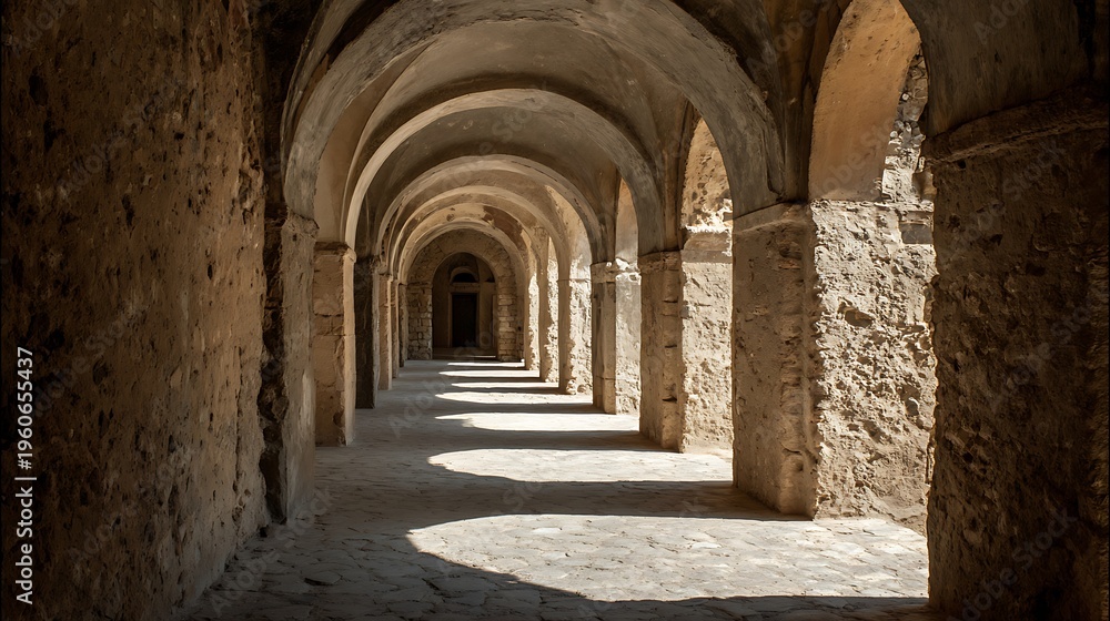 Fototapeta premium Ancient stone arched corridor interior architecture.