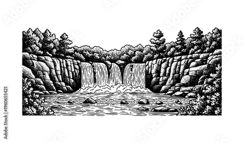 Vintage engraved waterfall landscape black white detailed nature scene vector antique style cascade illustration