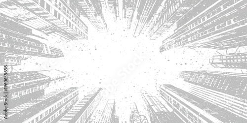 A low angle view of urban skyscrapers reaching towards a bright and empty white sky above city