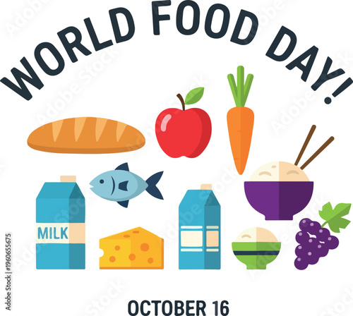 Celebrating World Food Day with a vibrant assortment of nutritious foods and the date of the global observance