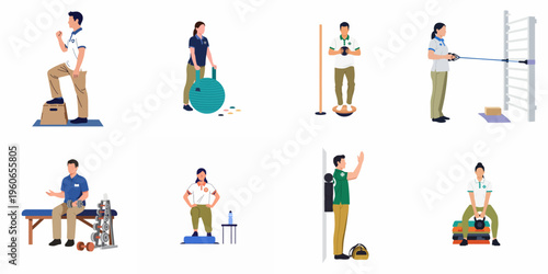 Collection of flat vector illustrations depicting people performing various physical therapy, rehabilitation, and fitness exercises using gym equipment for medical recovery.