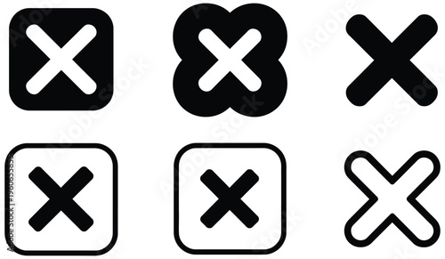 Wrong X mark icon set, cross marks error and failure symbols, cancel close delete action icons, incorrect validation warning sign set, rejection and stop indicator graphics, vector isolated