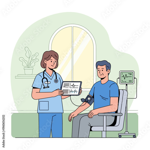 Nurse measuring patient's blood pressure with digital monitor in clinic