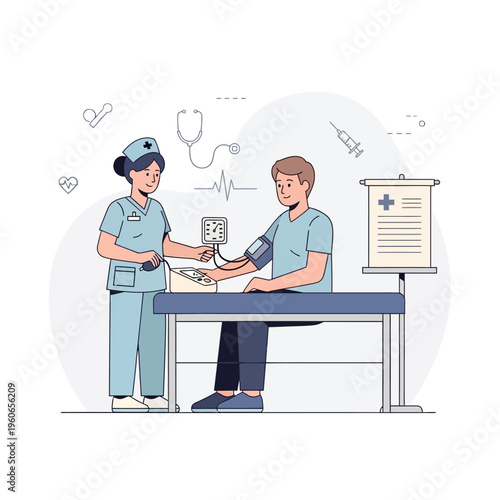 Nurse taking patient's blood pressure during medical checkup, healthcare concept