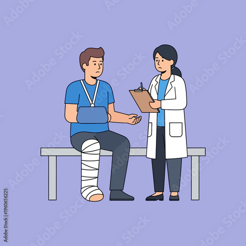 Patient with broken arm and leg in cast consulting doctor in clinic