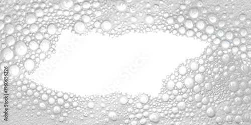 A high angle close up view of white soap bubbles forming a frame around a central white background