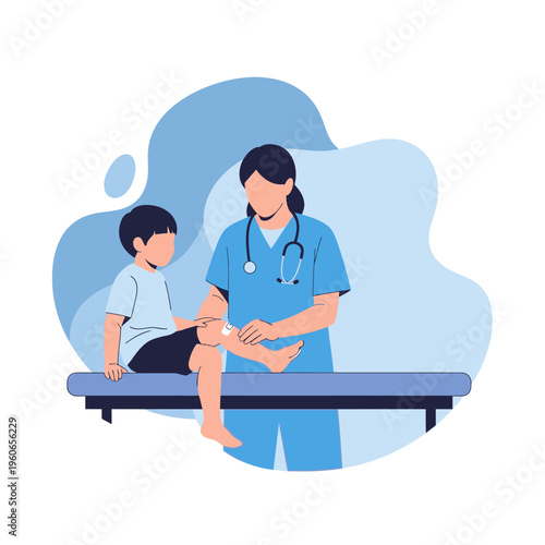 Pediatrician examining a child's knee during a medical check-up in a clinic.