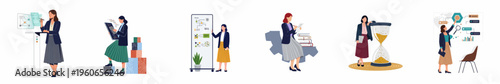 Flat vector illustrations of professional businesswomen engaged in data analysis, machine learning, coding, time management, and strategic corporate policy planning.
