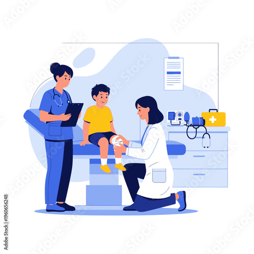 Pediatrician examining a child's knee with nurse assisting in a clinic examination room