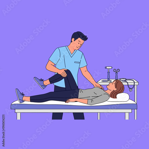 Physical therapist examining patient's knee on examination table, medical concept