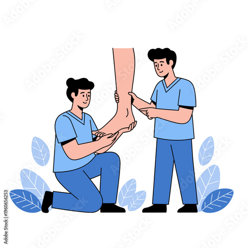 Physical therapist examining patient's foot and ankle, rehabilitation and recovery concept