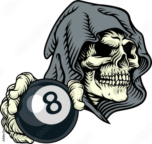 A grim reaper or death skeleton sports team or Halloween event mascot holding an eight ball pool billiards ball