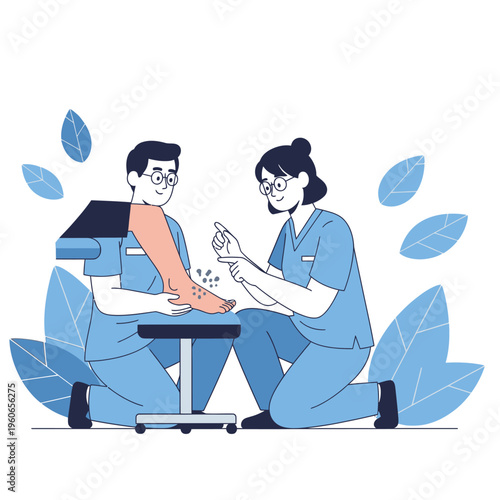 Podiatrist examining patient's foot with skin condition, medical examination, healthcare concept