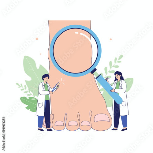 Podiatrists Examine Giant Foot with Magnifying Glass, Medical Checkup Concept