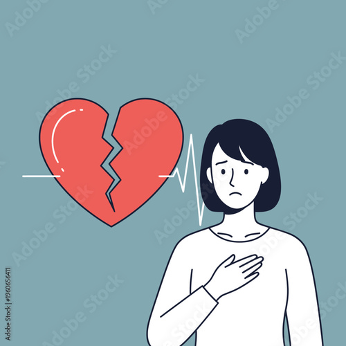 Sad Woman with Broken Heart and Heartbeat Line, Emotional Pain, Heartbreak Concept