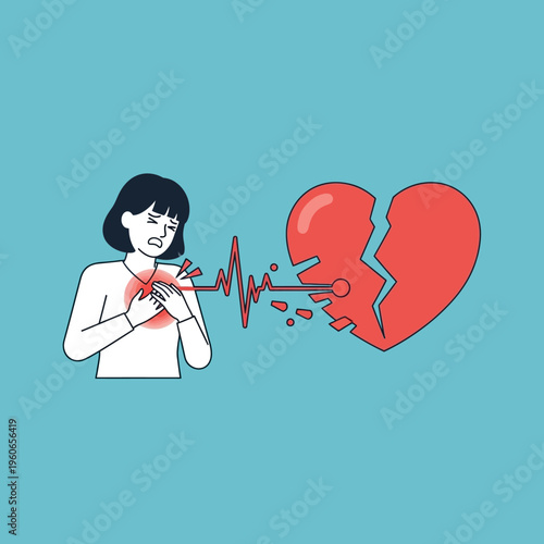 Woman with broken heart and chest pain, symbolizing heartbreak and emotional distress
