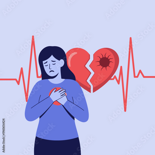 Woman with broken heart and chest pain, heartbeat line, emotional distress, love loss, cardiology concept