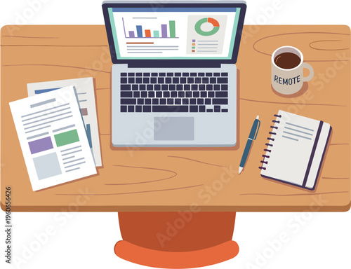 A cluttered office desk with laptop papers coffee and notebook in workspace