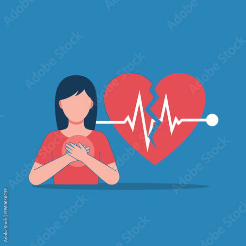 Woman with broken heart and heartbeat line, symbolizing heartbreak, emotional pain, and loss.