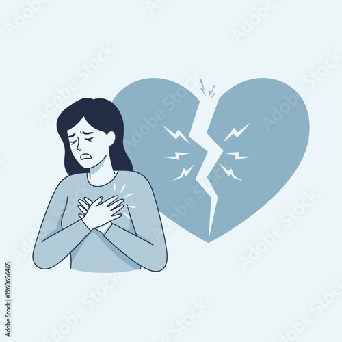 Woman with broken heart symbol, chest pain, heartbreak, emotional distress, sadness, love loss