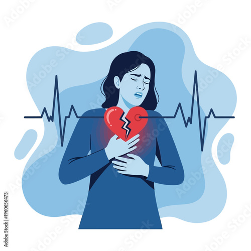 Woman with broken heart, chest pain, heartbreak, emotional distress, cardiology, ECG line