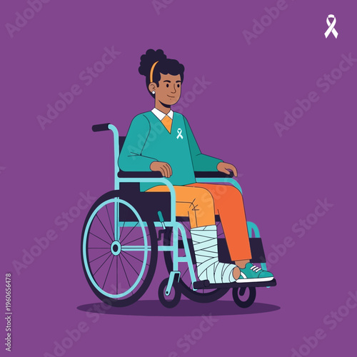 Woman with broken leg in wheelchair, recovery and support symbol
