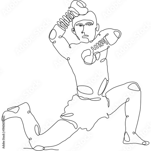 Minimalist one-line Muay Thai fighter performing Wai Kru ritual pose, expressing respect, tradition, and strength. Clean vector style ideal for print, textile, and modern cultural design.