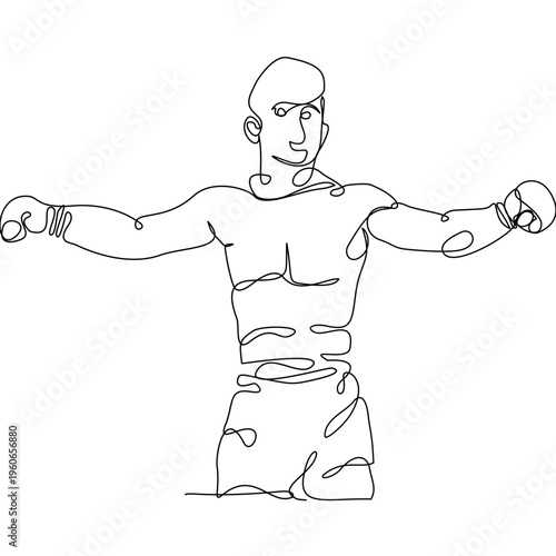 Minimalist one-line Muay Thai fighter performing Wai Kru ritual pose, expressing respect, tradition, and strength. Clean vector style ideal for print, textile, and modern cultural design.