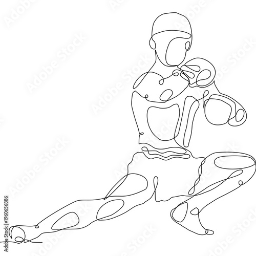 Minimalist one-line Muay Thai fighter performing Wai Kru ritual pose, expressing respect, tradition, and strength. Clean vector style ideal for print, textile, and modern cultural design.