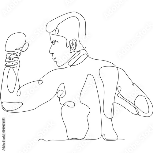 Minimalist one-line Muay Thai fighter performing Wai Kru ritual pose, expressing respect, tradition, and strength. Clean vector style ideal for print, textile, and modern cultural design.