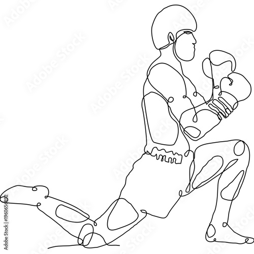 Minimalist one-line Muay Thai fighter performing Wai Kru ritual pose, expressing respect, tradition, and strength. Clean vector style ideal for print, textile, and modern cultural design.