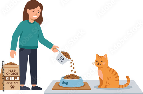 Woman pouring cat food into bowl for hungry orange tabby cat indoors