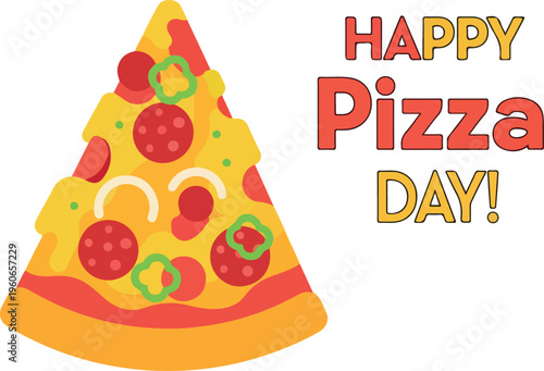 Happy Pizza Day Celebration with a Slice of Delicious Pepperoni and Vegetable Pizza, a Festive Treat for All