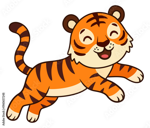 Tiger cartoon illustration. Cute tiger cub running clipart