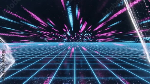 Abstract digital grid with glowing binary code streams and geometric shapes