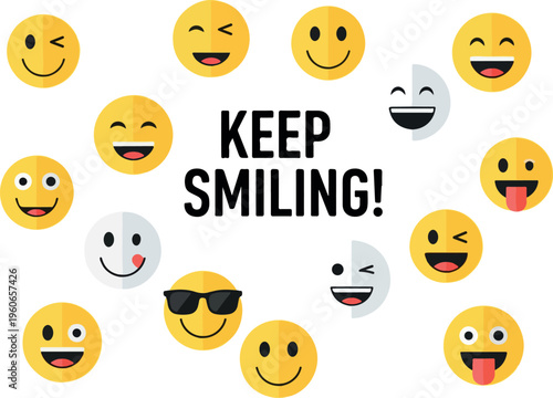 Embrace happiness with a cheerful collection of diverse smiley face emojis, radiating positive vibes and encouraging a bright outlook